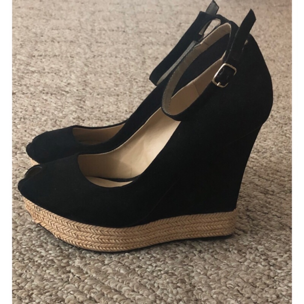 Black Suede Zara Espadrille Peep-toe Wedges